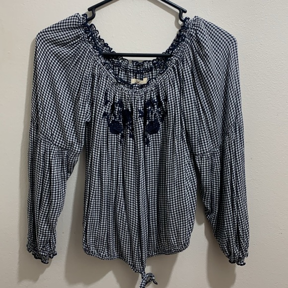 HOLLISTER SHIRT SZ Small Gingham pattern Navy/white embroidered florals - Picture 4 of 6